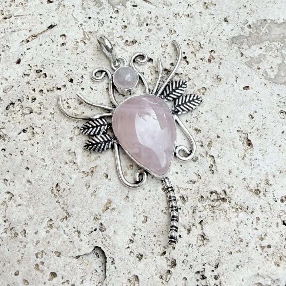 Rose Quartz Butterfly Pendant 925 Silver Overlay